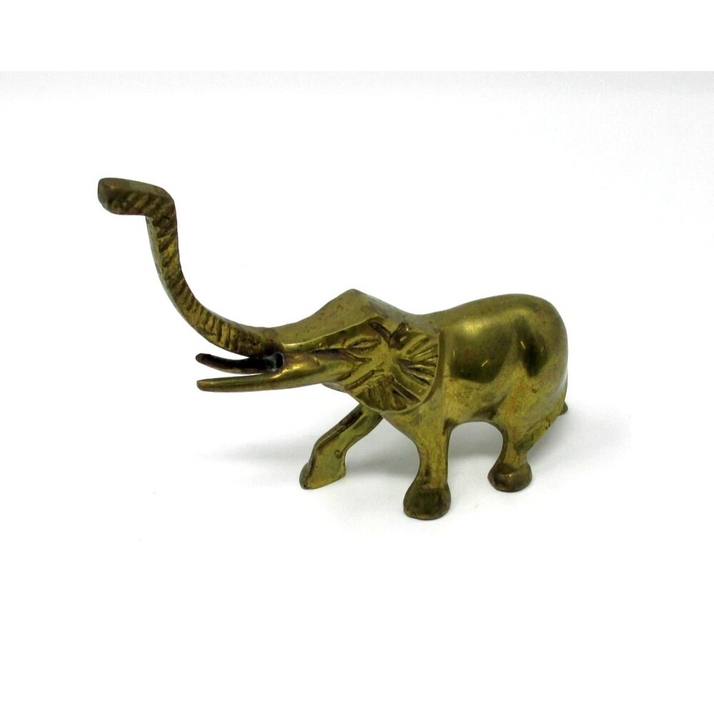 Brass Elephant Figurine Decorative Etched Lucky Trunk Up 4 x 5 in. Vintage MCM